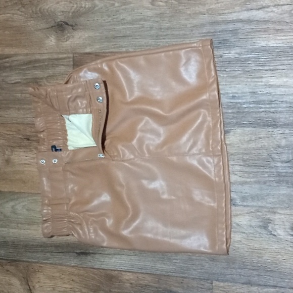 Tan Paper Bag Waist Faux Leather Mini Neutral Skirt - Picture 3 of 3
